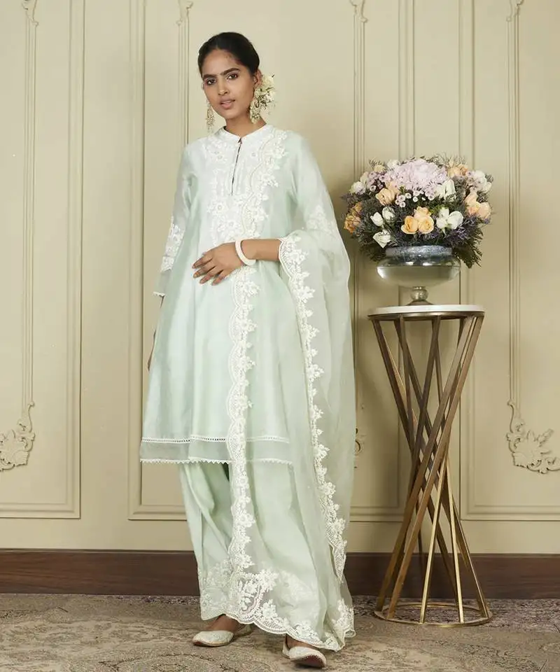 Ruzena frosty green a-line short kurta with salwar and dupatta set