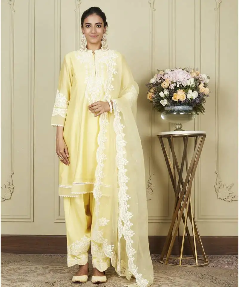 Ruzena lemon yellow a-line short kurta with salwar and dupatta set