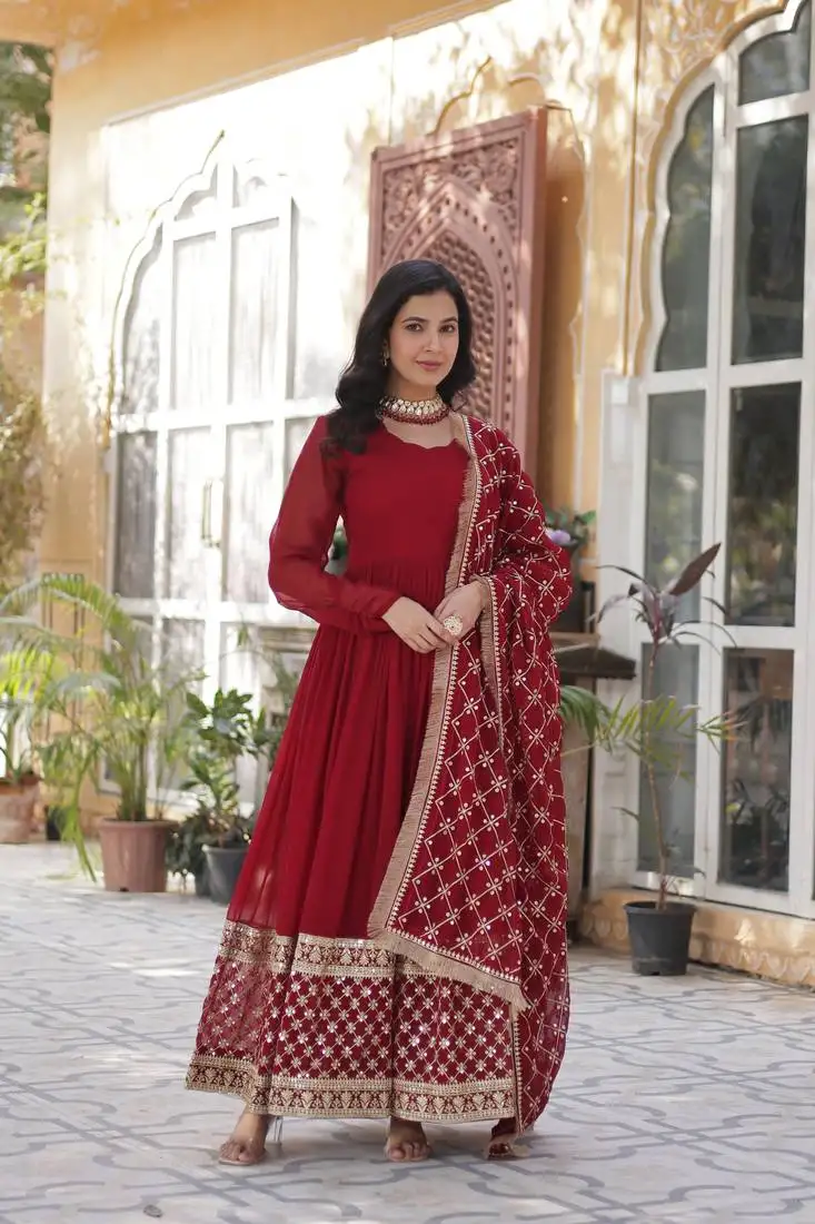 Maroon designer partywear gown with dupatta for ceremonial looks