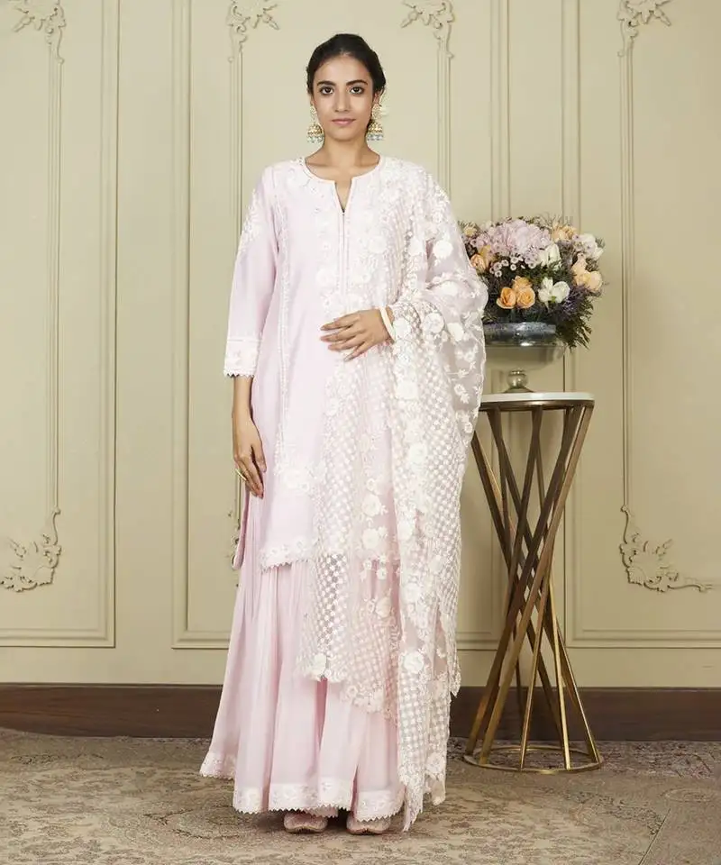Nargis pearl blush short kurta with garara and dupatta set
