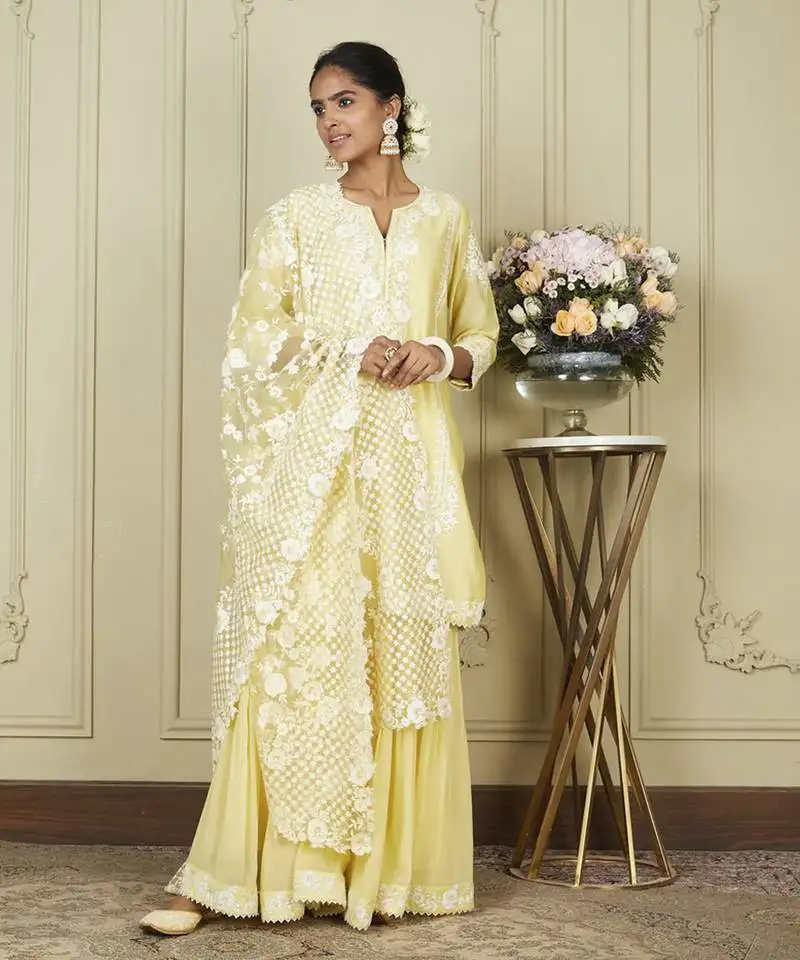 Nargis lemon yellow short kurta with garara and dupatta set