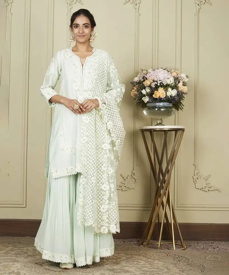Nargis frosty green short kurta with garara and dupatta set