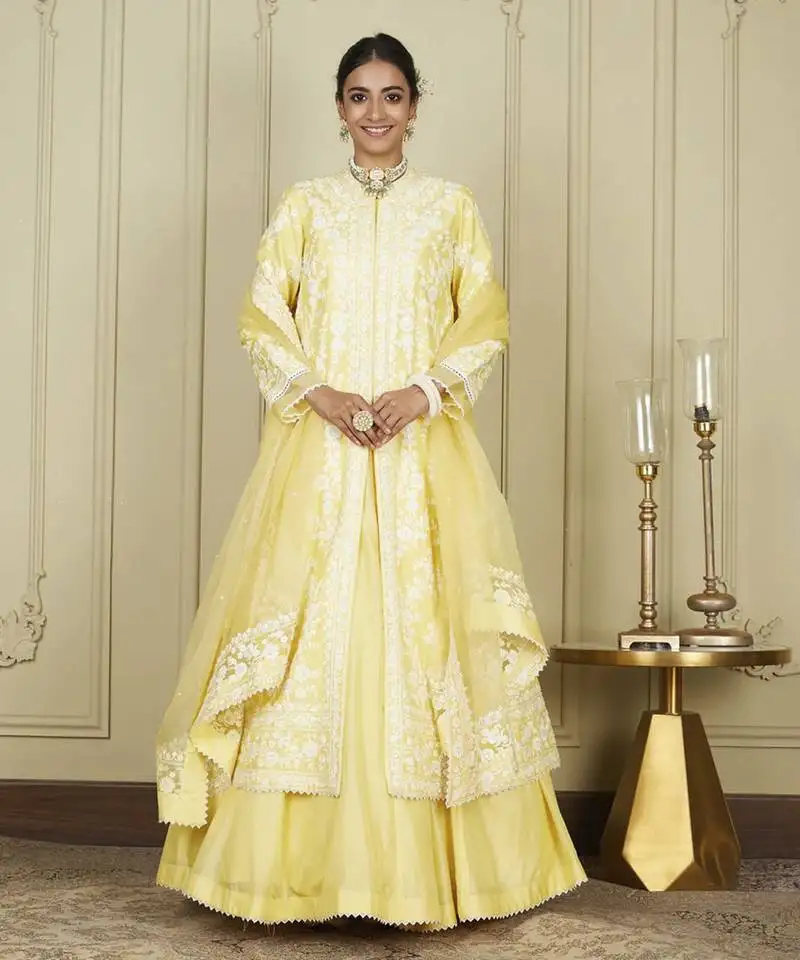Zahria lemon yellow jacket, lehenga with blouse and dupatta set