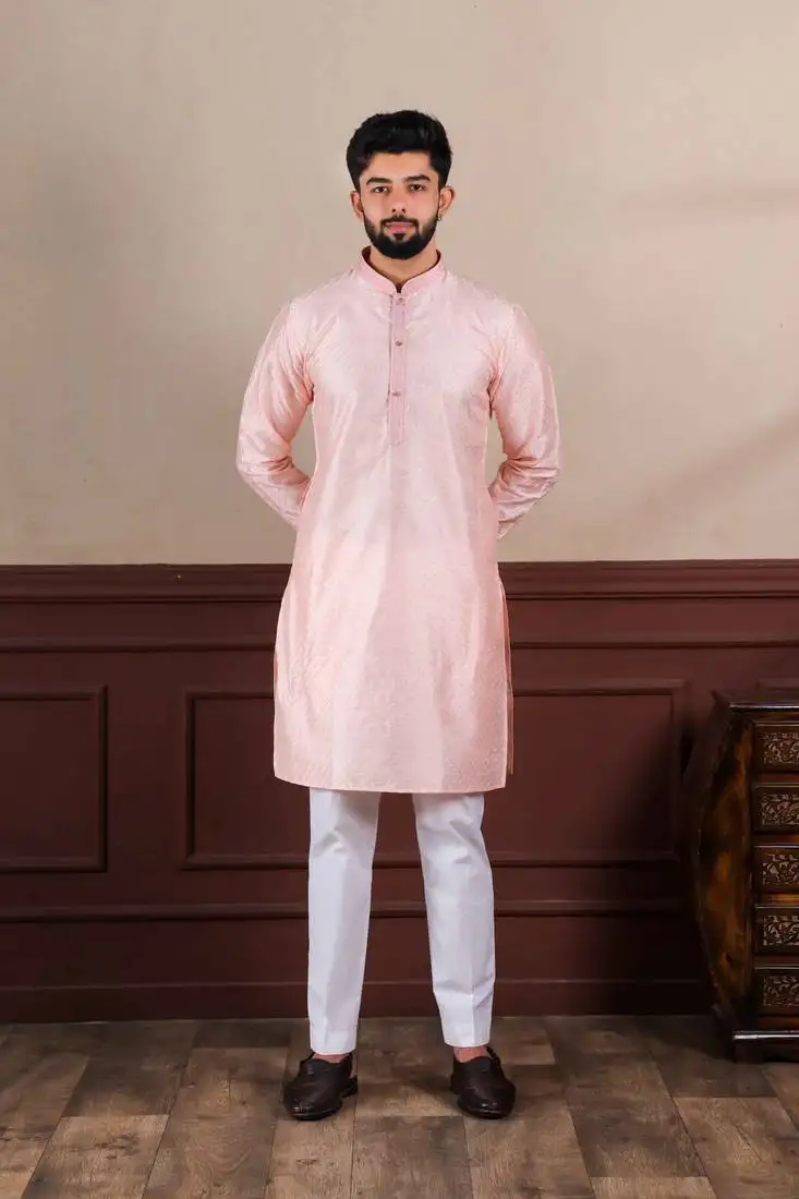 Designer embroidery work graceful partywear pink kurta payjama for men's