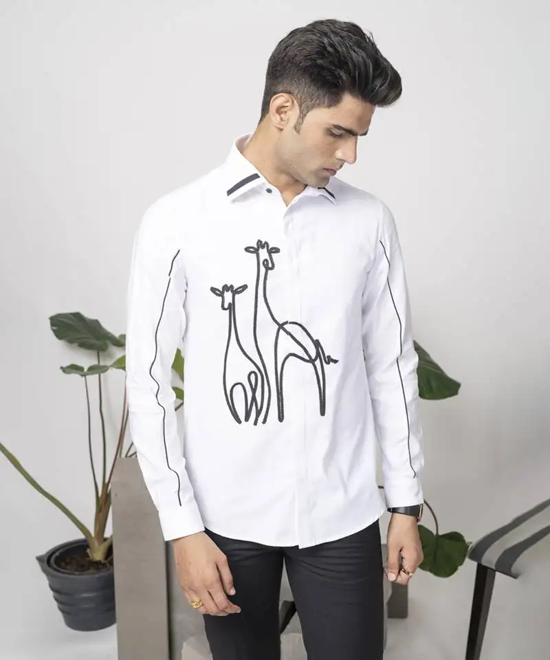 White cotton men's shirt with giraffe print
