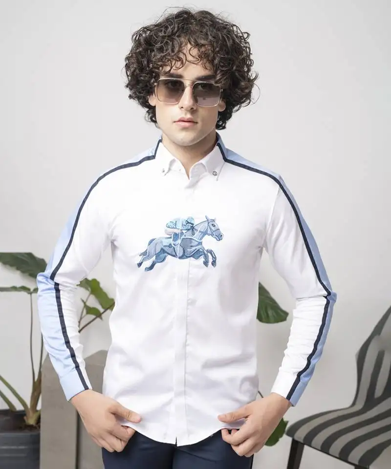 White printed cotton men's shirt with blue stripes