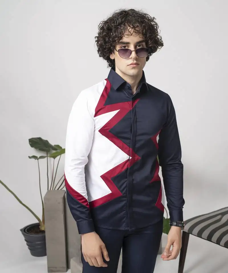 Blue plain color blocked cotton men's shirt