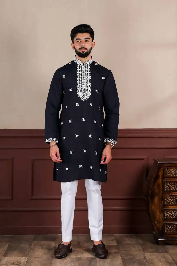 Designer embroidery work graceful partywear black kurta payjama for men's