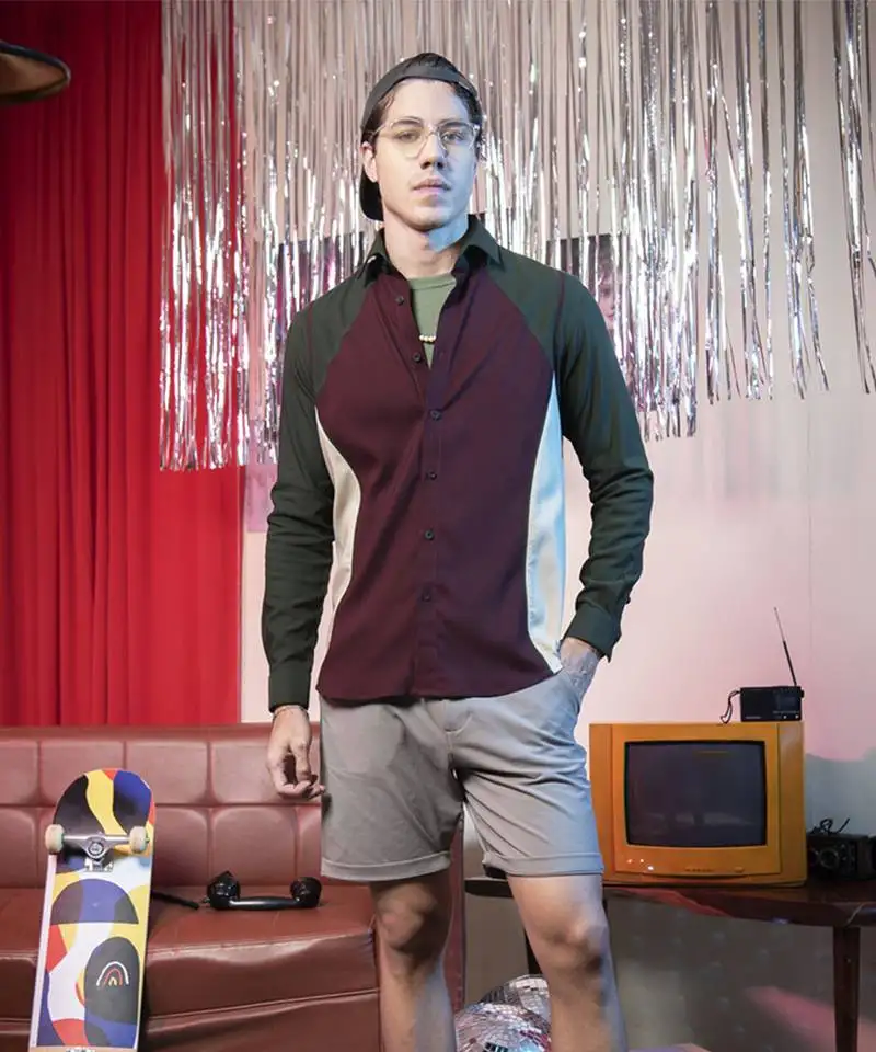 Green plain viscose men's shirt with a spread collar