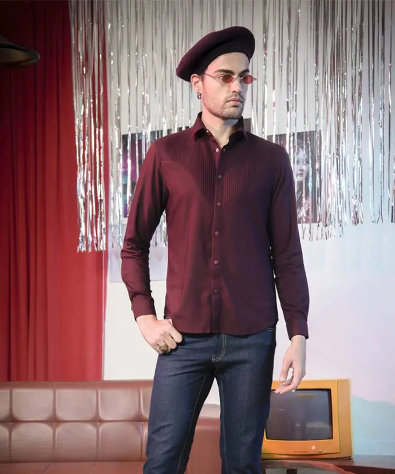 Maroon plain poly viscose men's shirt