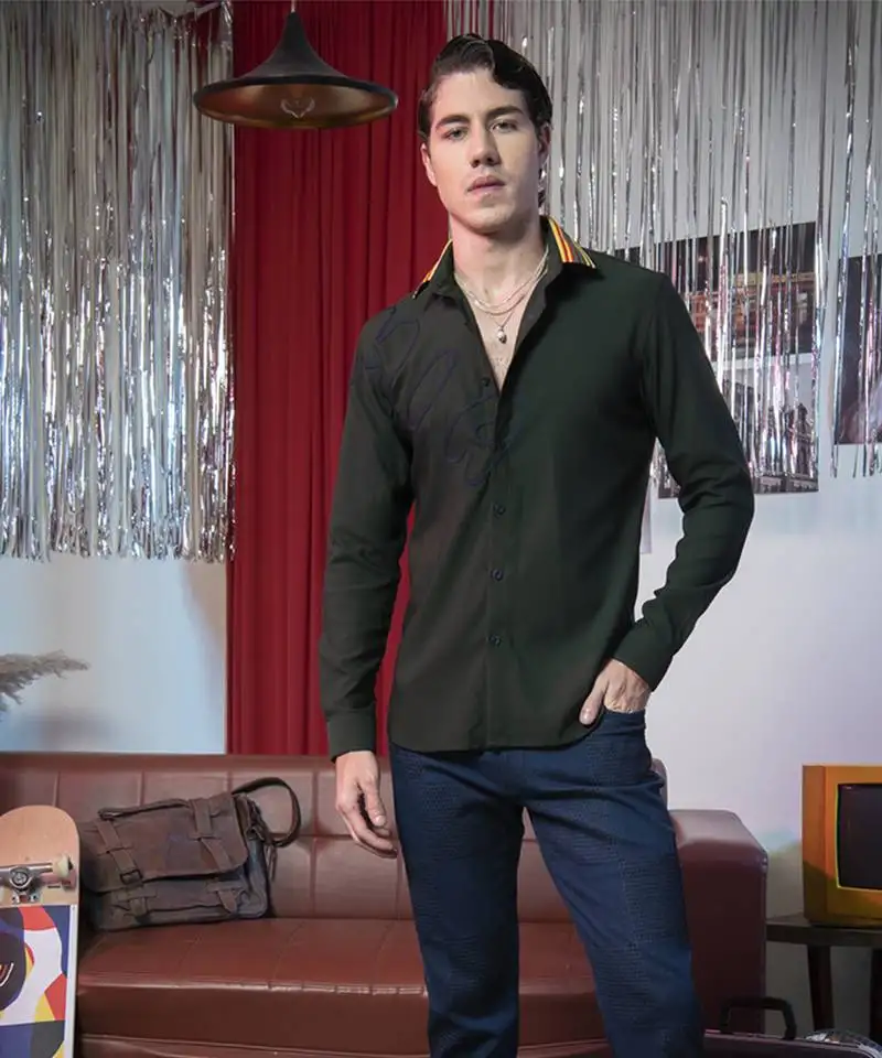 Green plain viscose men's shirt