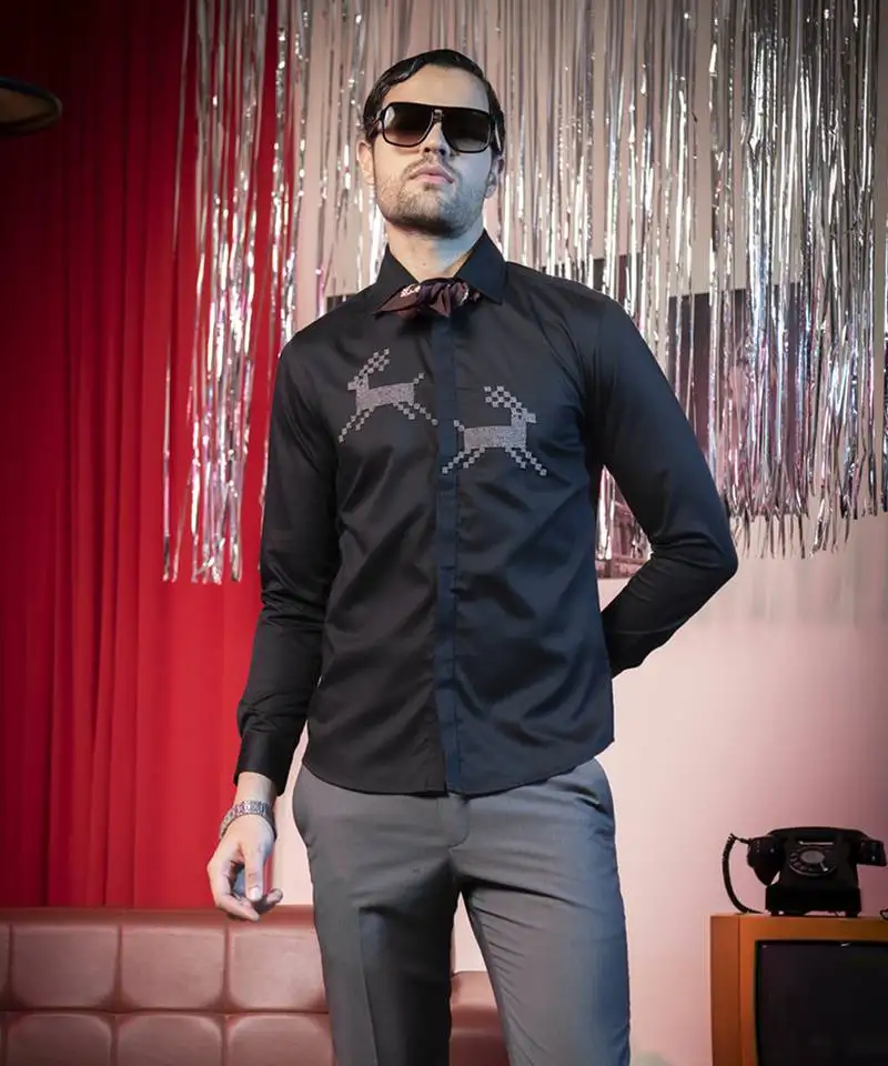 Black printed cotton men's shirt with the deer artwork