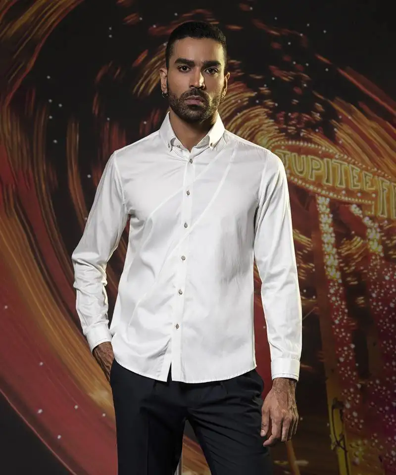 White plain cotton men's shirt with creative curved style