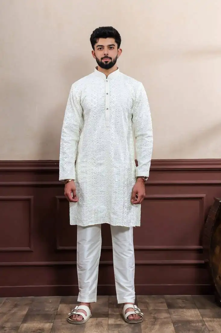 Designer embroidery work graceful partywear cream kurta payjama for men's