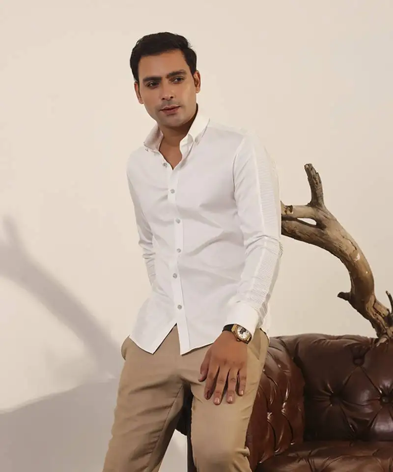 White plain cotton men's shirt designed with pintucks