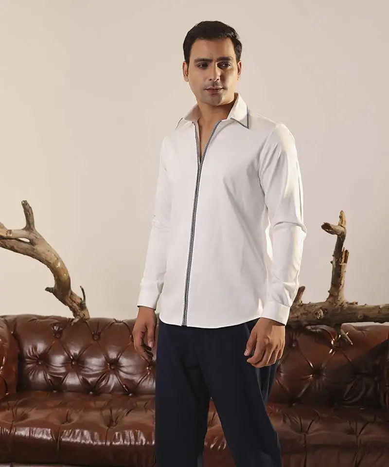 White plain cotton men's shirt with a sleek zip