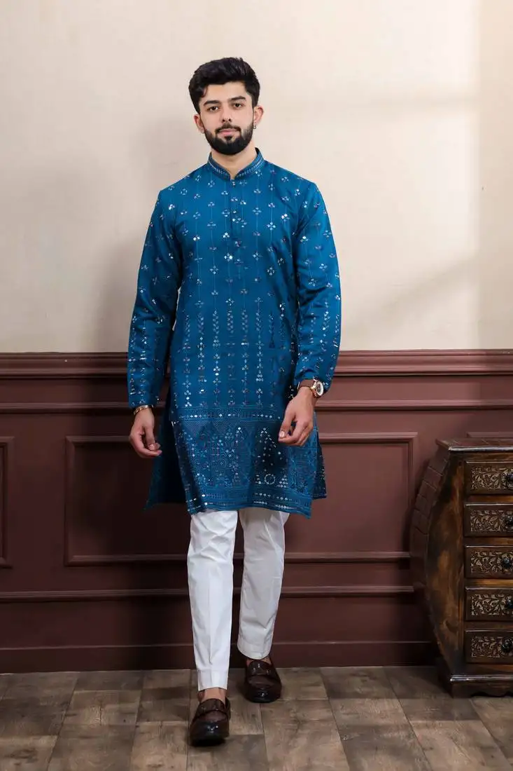 Designer embroidery work graceful partywear morpeach kurta payjama for men's