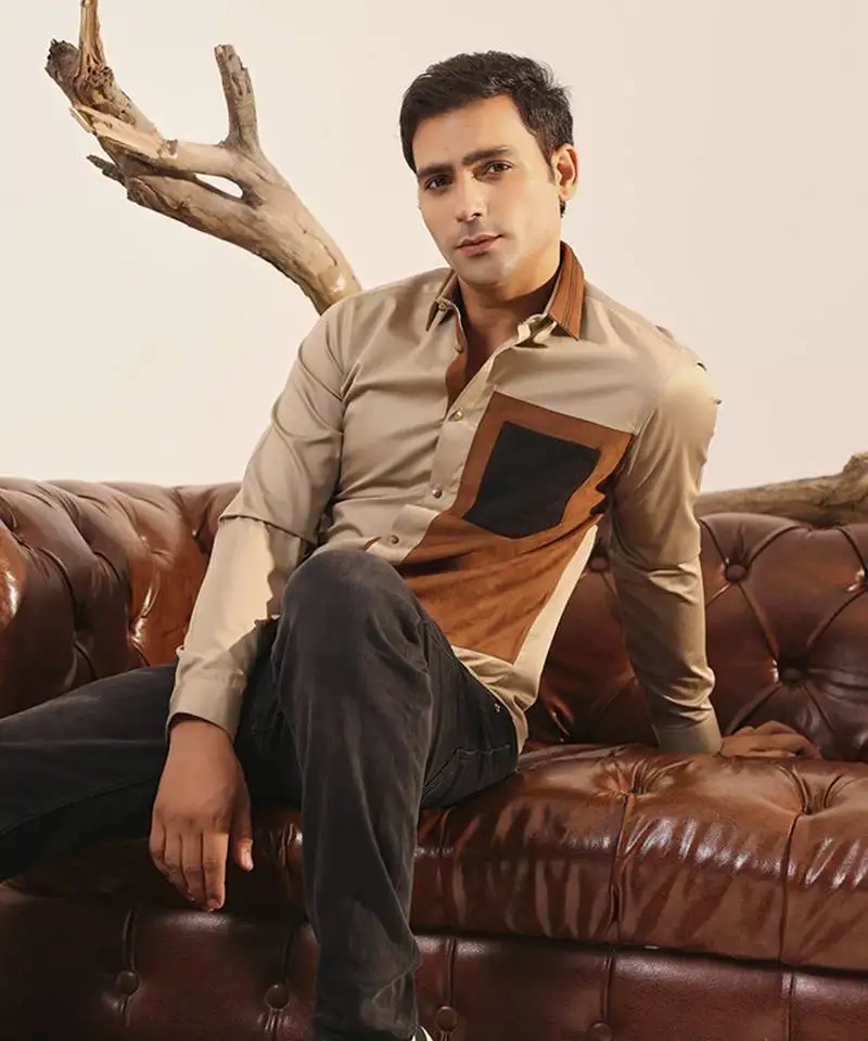 Brown plain cotton men's shirt with color blocks