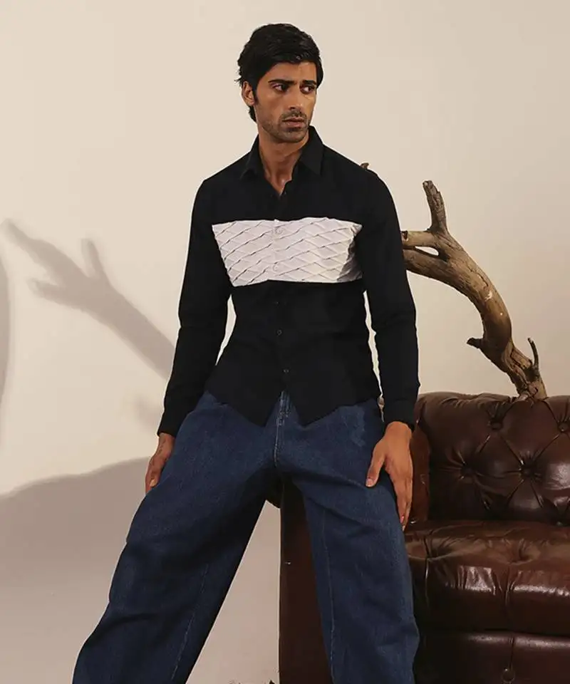 Navy blue plain viscose men's shirt with horizontal panels