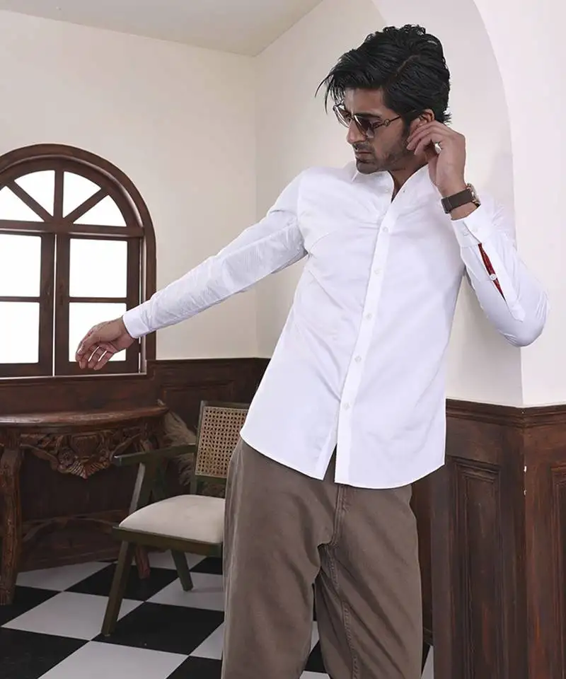 White plain cotton men's shirt featuring abstract tonal stitch