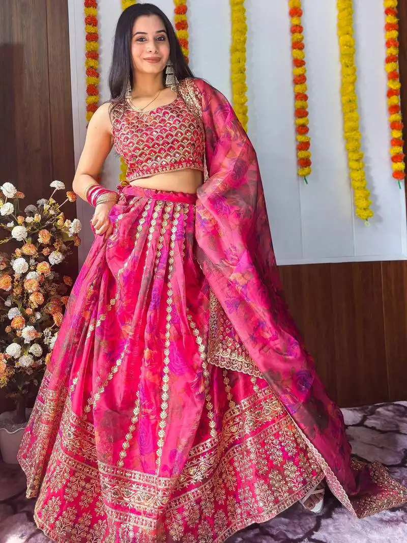 Pink floral printed organza bridesmaid lehenga choli