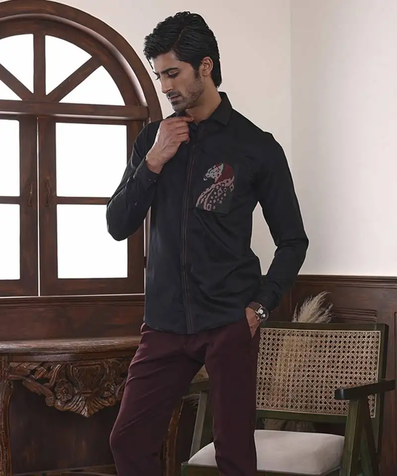 Black plain cotton men's shirt with panther art work