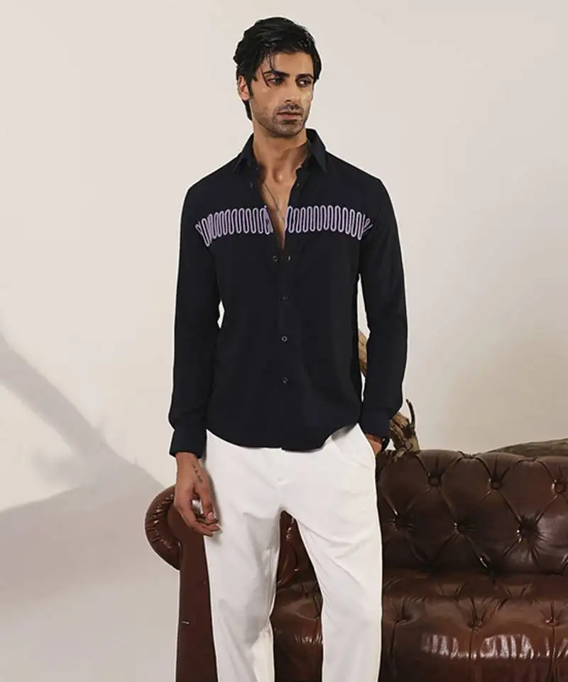 Navy blue plain viscose men's shirt