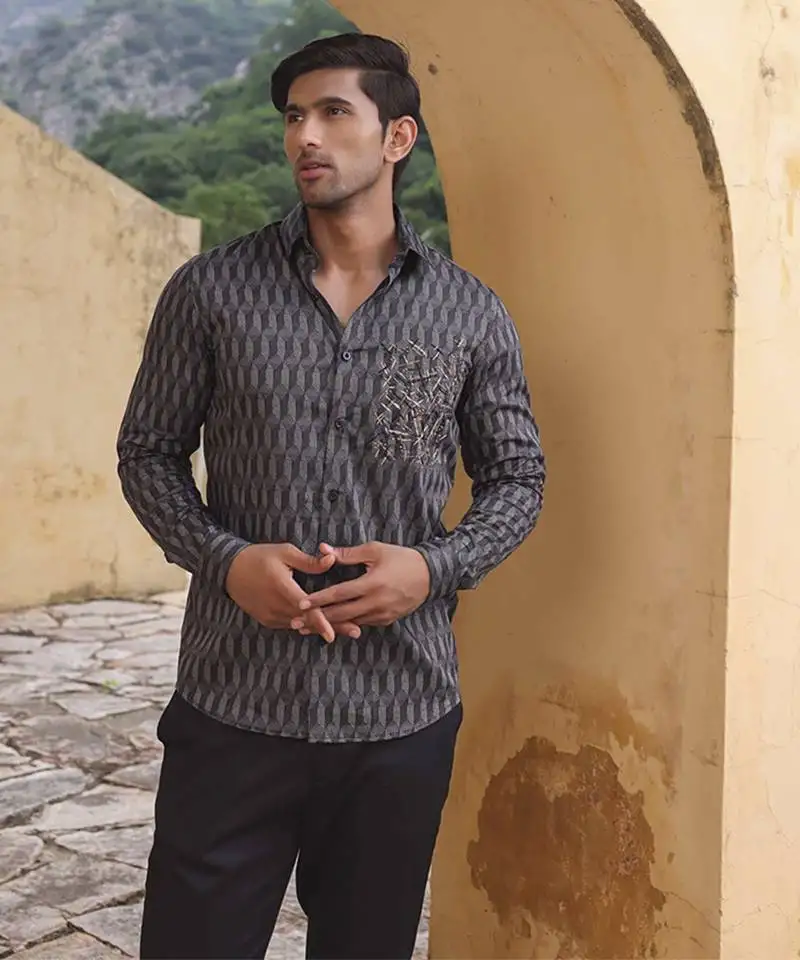 Grey geometric printed cotton men's shirt