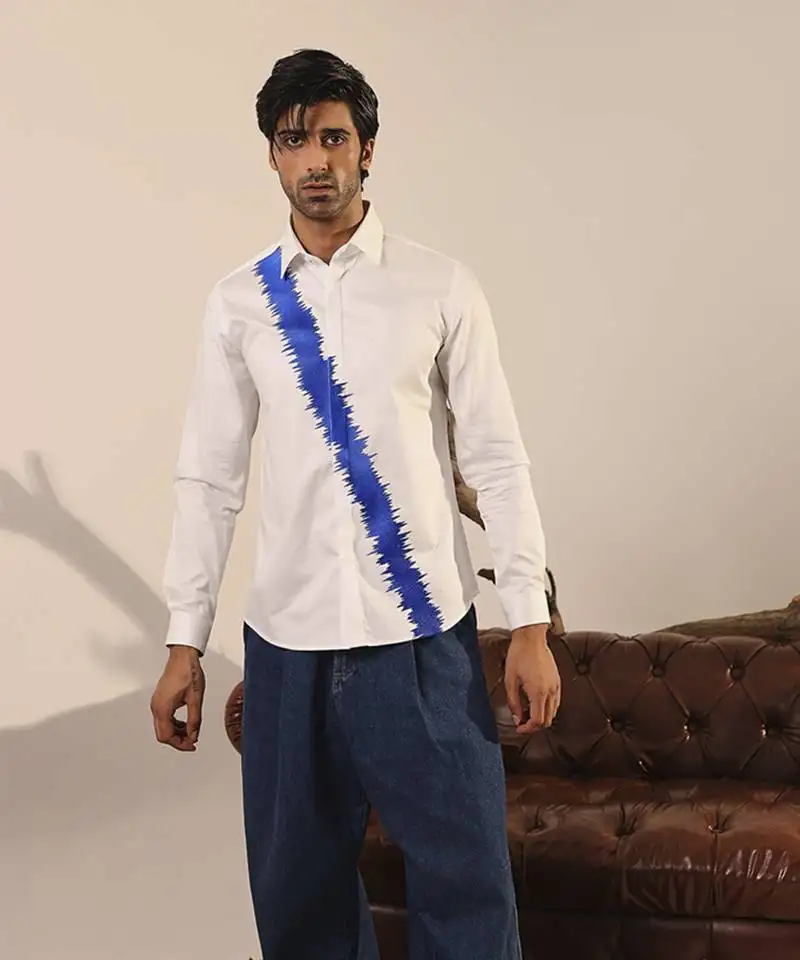 White plain cotton men's shirt showcasing a bold scribbled line in blue