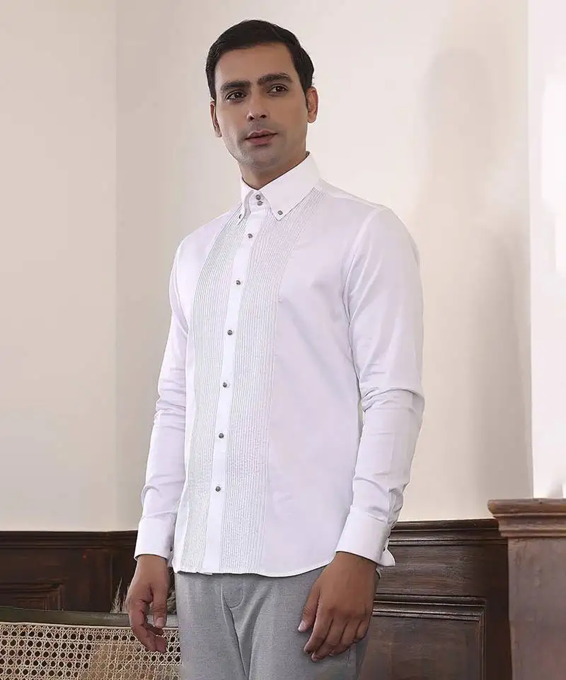 White plain cotton men's shirt detailed with delicate pin tucks
