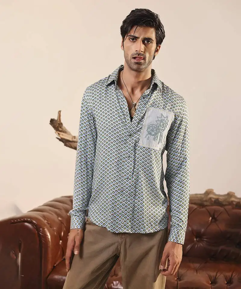 Green printed cotton men's shirt