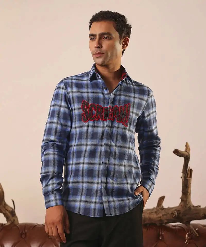 Blue plain cotton men's oversized blue checks shirt