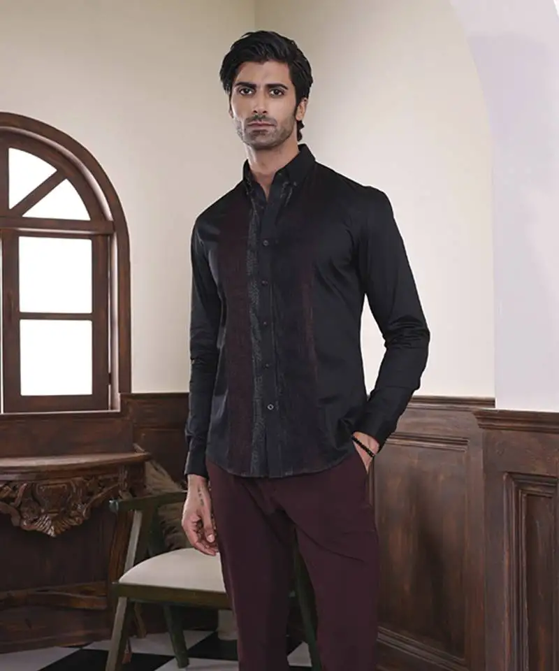 Black plain cotton men's shirt with intricate red and silver pintucks