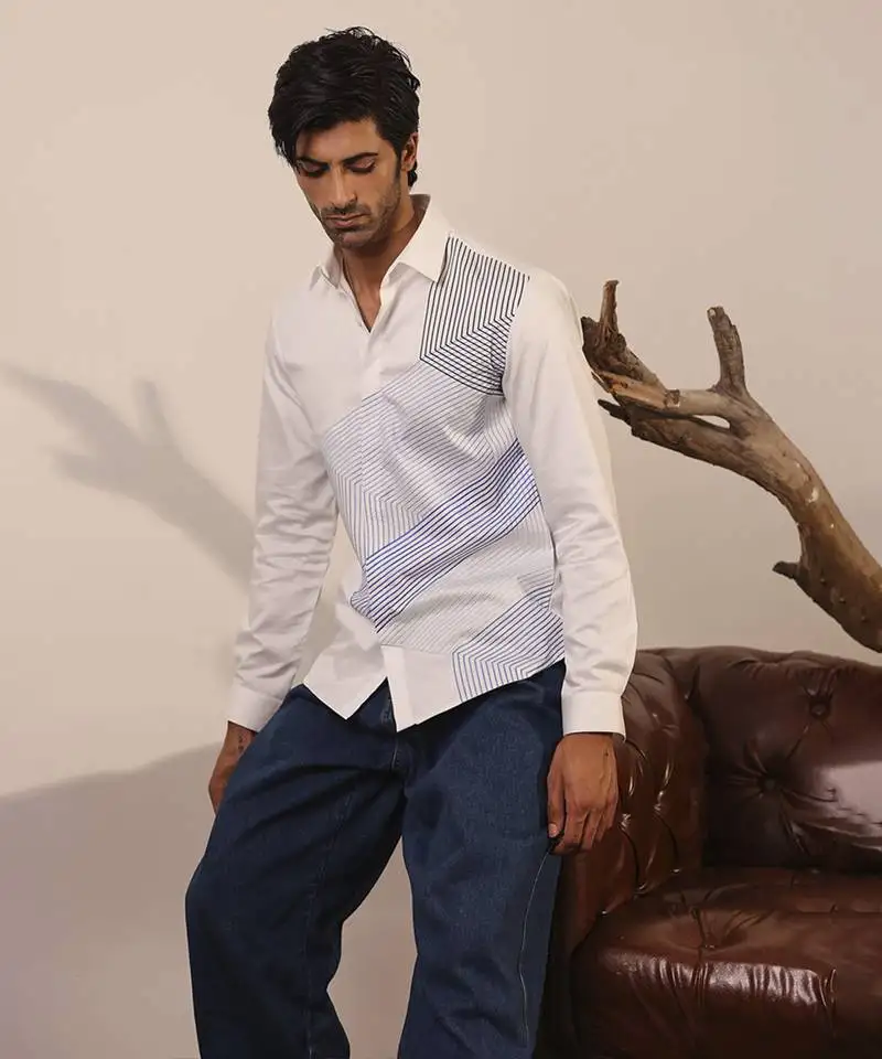 White printed cotton men's shirt with shades of blue