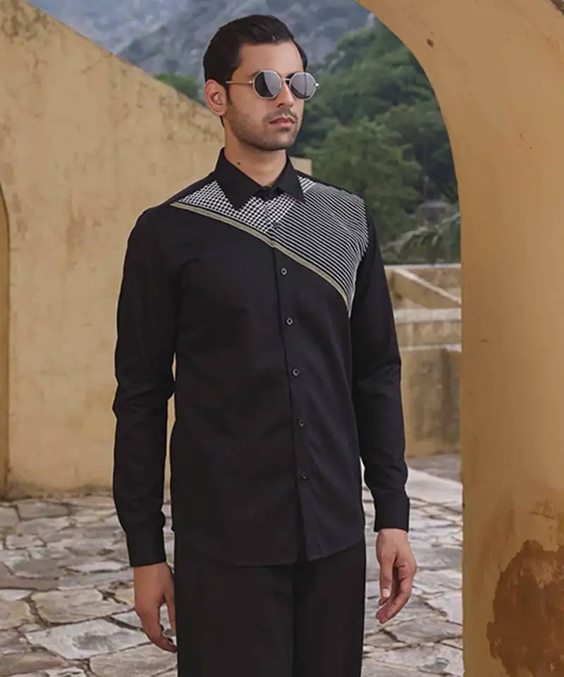 Black printed cotton men's shirt with series of white diagonal stitch line
