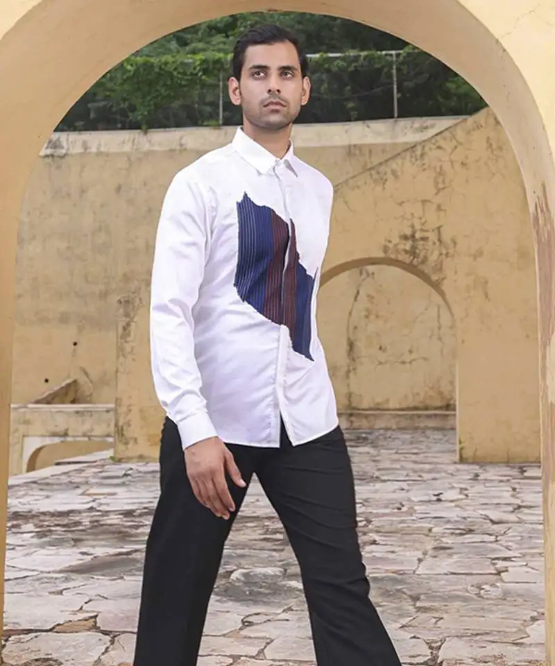 White printed cotton men's shirt with abstract patch on the front