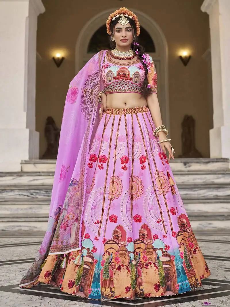Pink printed art silk wedding lehenga choli with dupatta