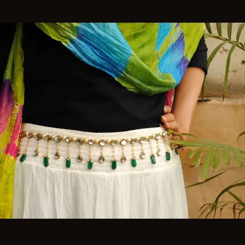 Kundan & pearl green beads kamar bandh waist size 32