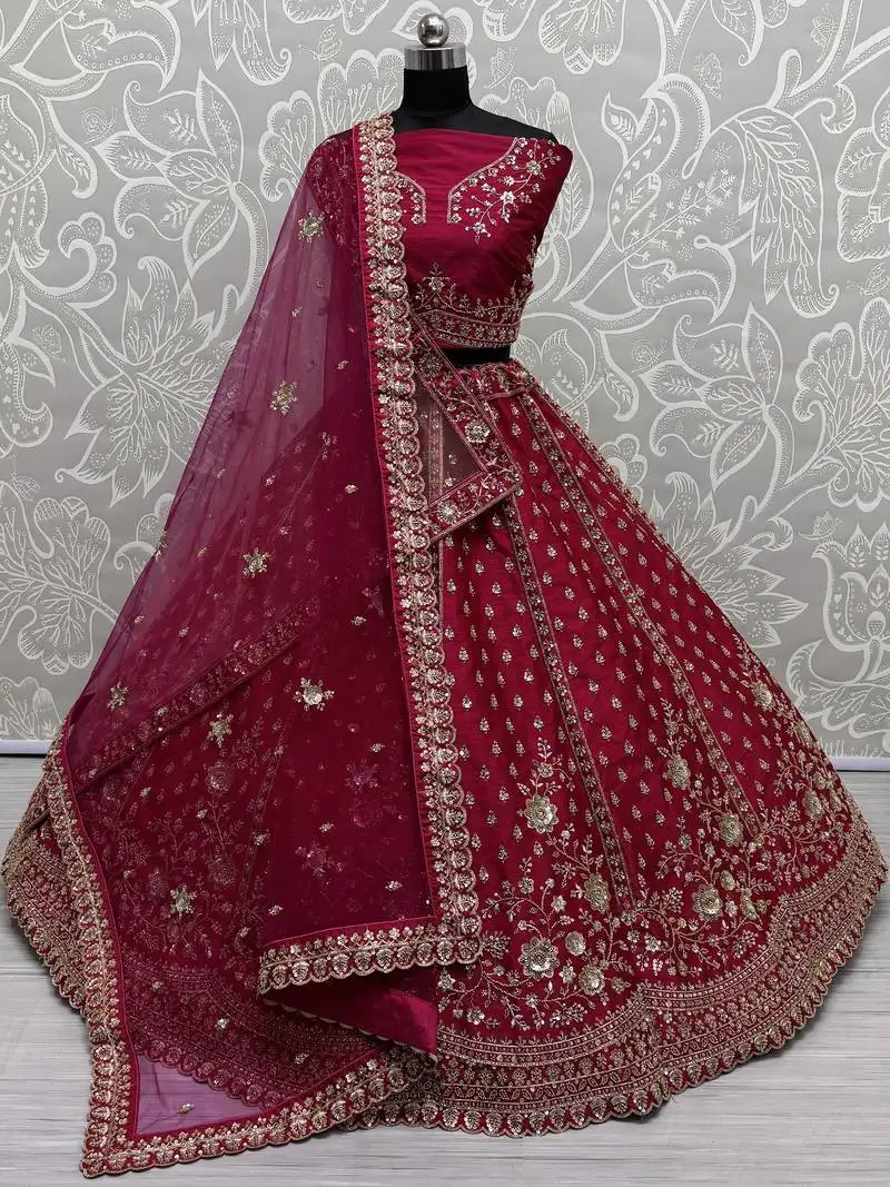 Pink embroidered net bridal lehenga choli with double dupatta