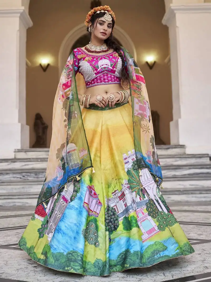Yellow printed art silk traditional lehenga choli with dupatta