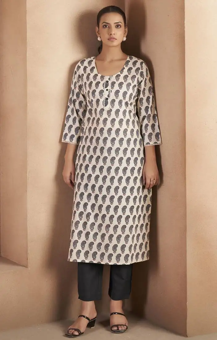 Black pure cotton paisley printed kurta for women