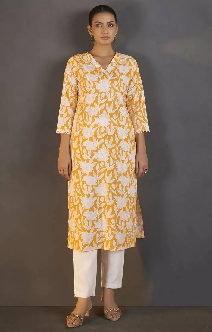 Yellow pure cotton floral printed kurta for women
