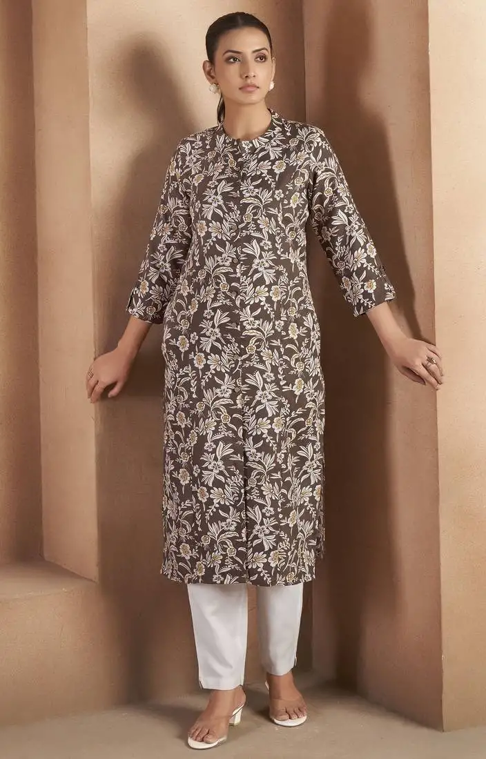 Brown cotton blend floral printed kurta for women