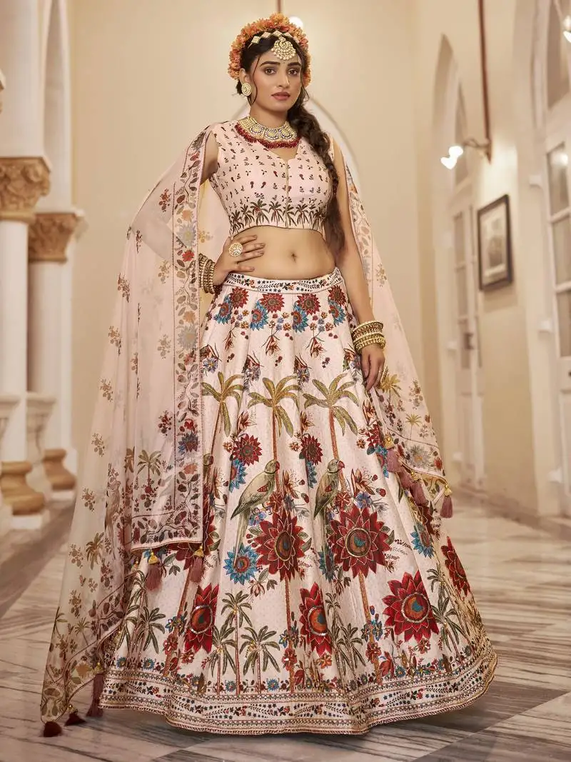Off-white printed traditional lehenga choli with organza dupatta