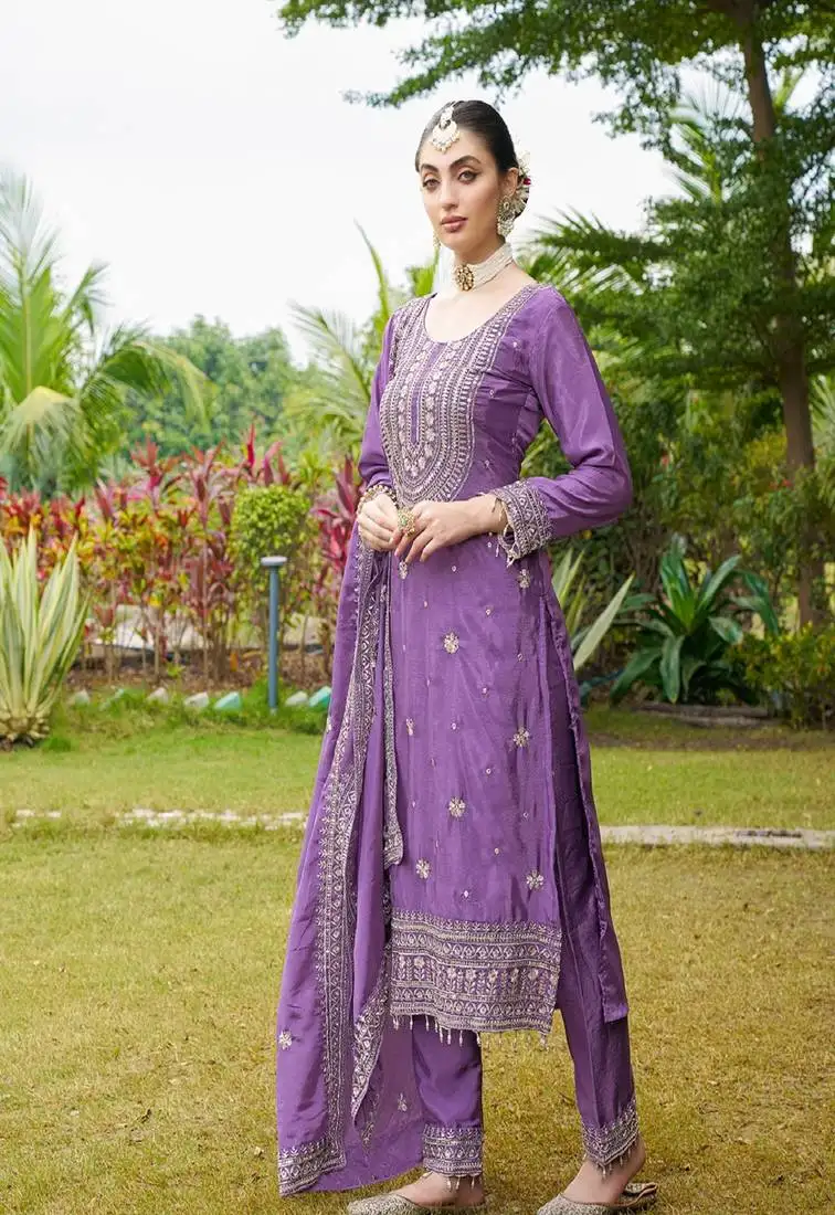 Purple colour chinnon silk heavy embroidery work fully stitched salwar suit