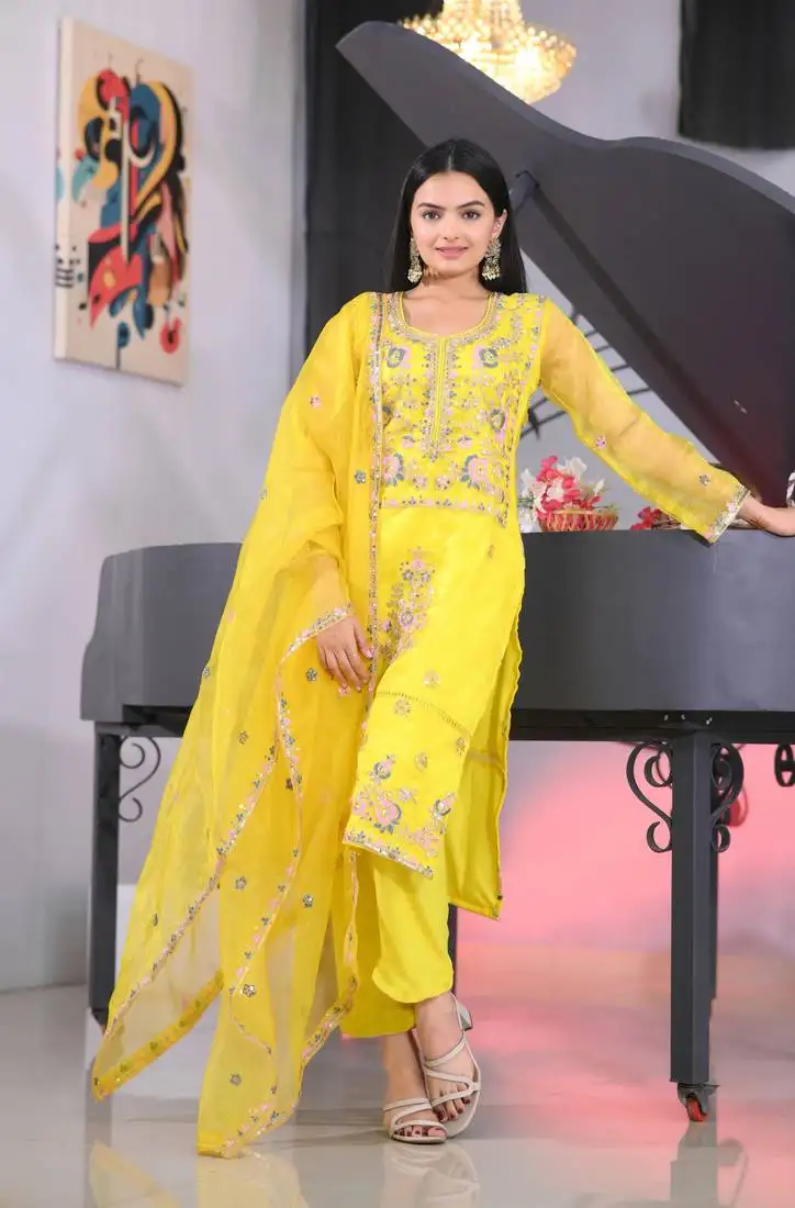 Lemon yellow colour organza silk heavy embroidery work fully stitched salwar suit