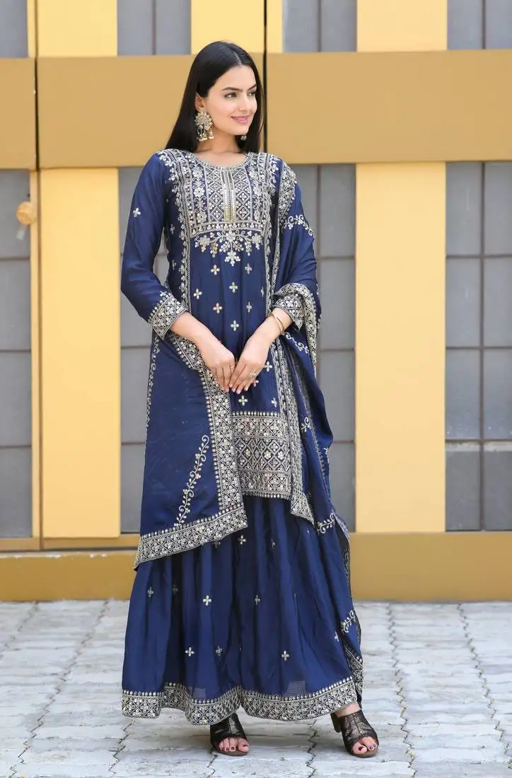 Blue colour chinnon silk heavy embroidery work fully stitched salwar suit