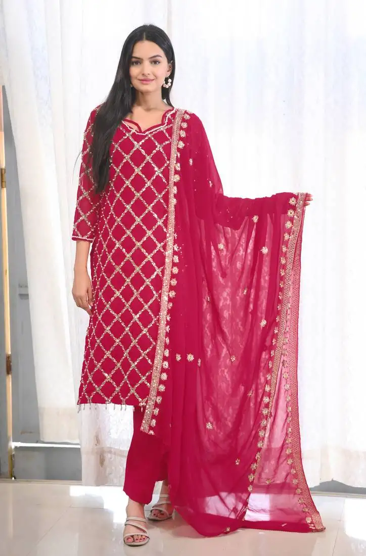 Rani colour faux georgette silk heavy embroidery work fully stitched salwar suit