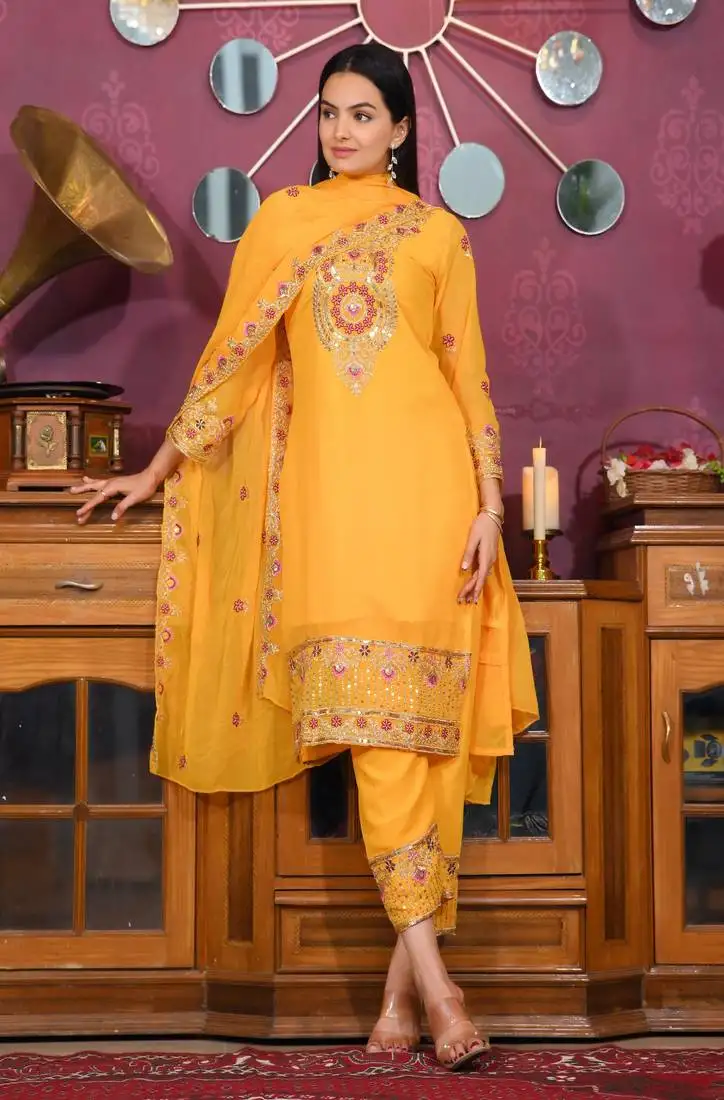 Yellow colour faux georgette silk heavy embroidery work fully stitched salwar suit