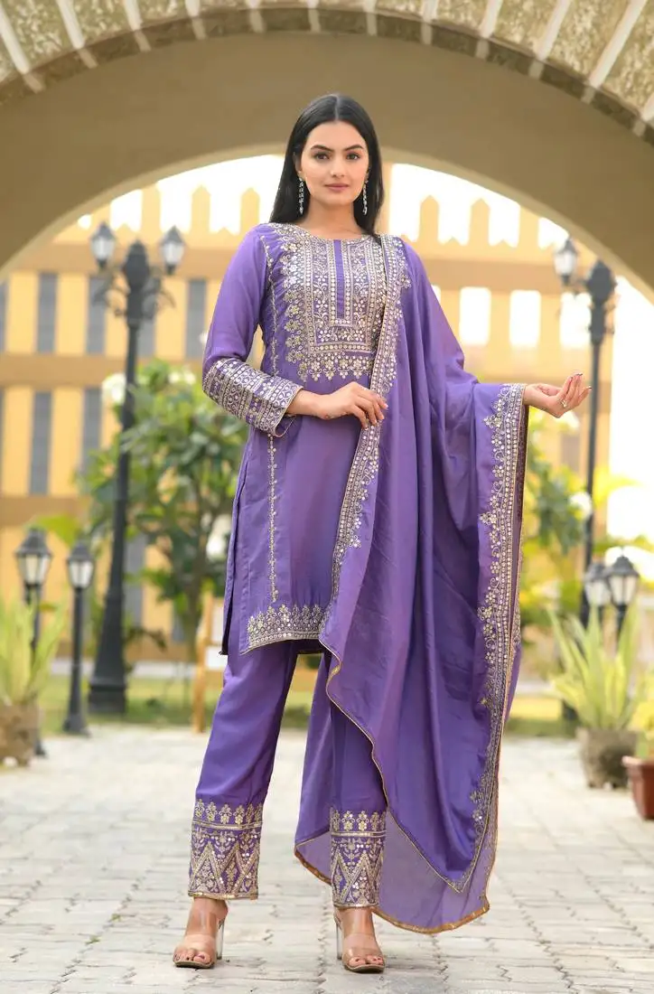Lavender colour chinnon silk heavy embroidery work fully stitched salwar suit